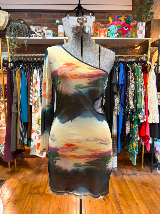 Only multicolour watercolour mesh mini dress