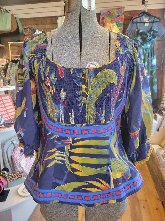 FARM Rio Tropical Puff Sleeve Smocked Blouse – Size Large