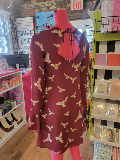 Robe trapèze Annie 50 imprimé oiseaux bordeaux – Taille TP