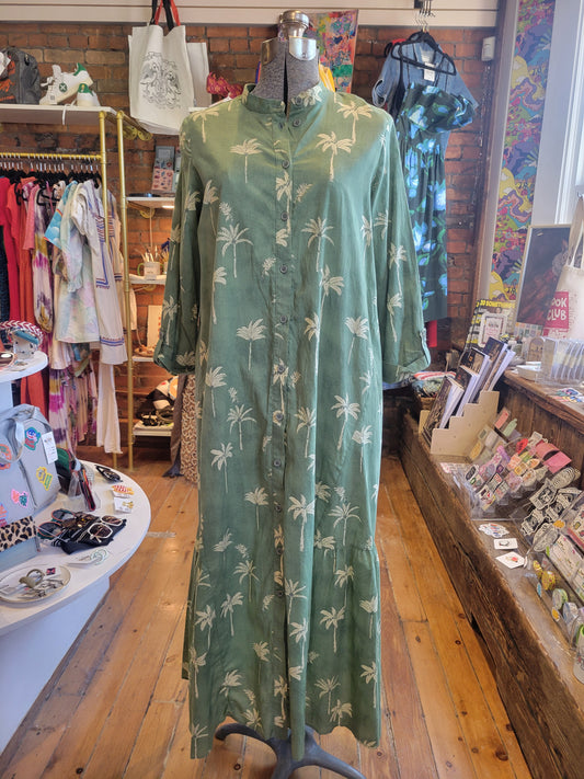 Zara ZW Collection Green Palm Tree print shirt dress - size Small