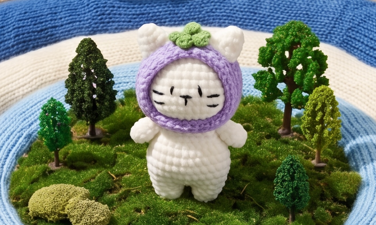 White plush toy with a purple hood and green leaf on a knitted landscape with trees and grass.
