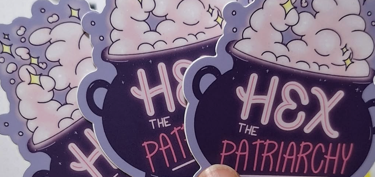 Sticker with 'Hex the Patriarchy' text on a purple background