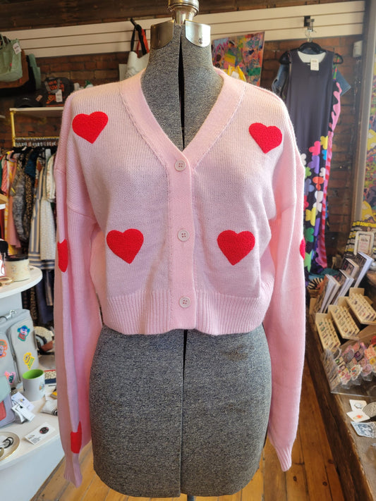 Pink cropped knit hearts cardigan - size Medium